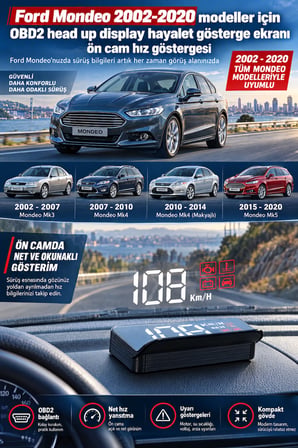 Ford Mondeo 2002-2020 modeller için OBD2 head up display hayalet gösterge ekranı ön cam hız göstergesi