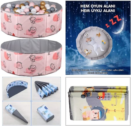 Katlanabilir Top Havuzu - Oyun Alanı - Oyun Halısı + 150 Adet 4 Renk Top Hediye - Pembe
