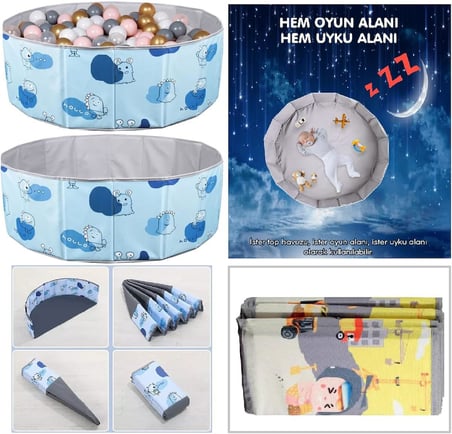 Katlanabilir Top Havuzu - Oyun Alanı - Oyun Halısı + 150 Adet 4 Renk Top Hediye - Pembe