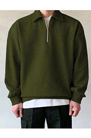 Erkek Polo Yaka Oversize Sweatshirt Yarım Fermuar Sweatshirt 