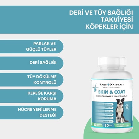 Kahu Naturals Skin&amp;Coat, Deri ve Tüy Sağlığı Takviye, Bira Mayası, Sarımsak, MOS, Spirulina, 60 Tablet