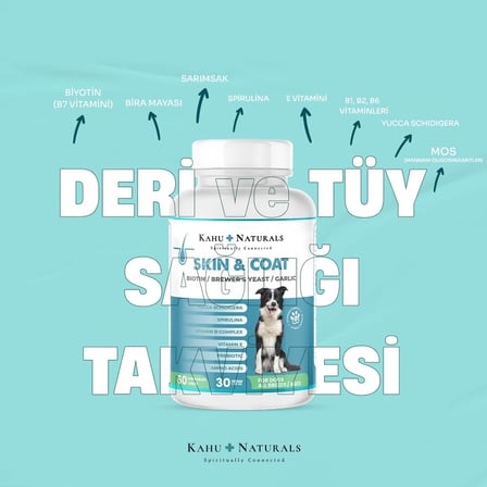 Kahu Naturals Skin&amp;Coat, Deri ve Tüy Sağlığı Takviye, Bira Mayası, Sarımsak, MOS, Spirulina, 60 Tablet