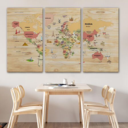 Harita Sepeti Ahşap Görünümlü Dünya Haritası Dekoratif Kanvas Tablo 2089