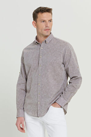 Erkek Kahverengi Comfort Fit Rahat Kesim Düğmeli Yaka Casual Keten Gömlek