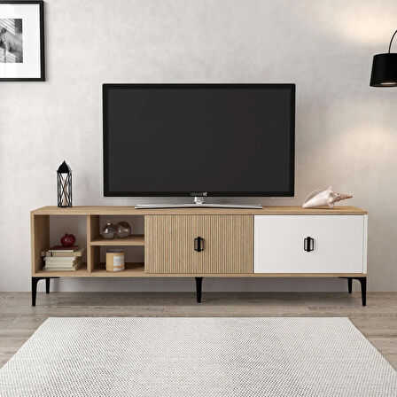806 Era Tv Ünitesi 180 Cm 2 Kapaklı , Raflı , Sepet - Beyaz - Yunus Tv Sehpası