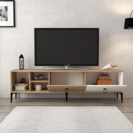 806 Era Tv Ünitesi 180 Cm 2 Kapaklı , Raflı , Sepet - Beyaz - Yunus Tv Sehpası