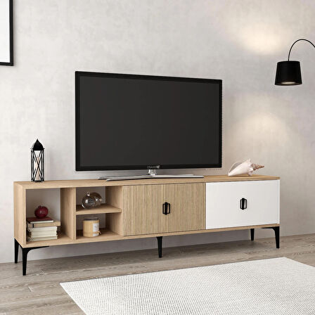 806 Era Tv Ünitesi 180 Cm 2 Kapaklı , Raflı , Sepet - Beyaz - Yunus Tv Sehpası