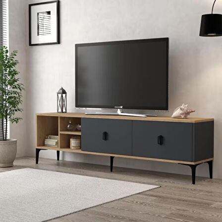 3805 Era Tv Ünitesi 180 Cm 2 Kapaklı , Raflı , Sepet - Antrasit Tv Sehpası