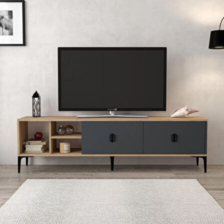 3805 Era Tv Ünitesi 180 Cm 2 Kapaklı , Raflı , Sepet - Antrasit Tv Sehpası