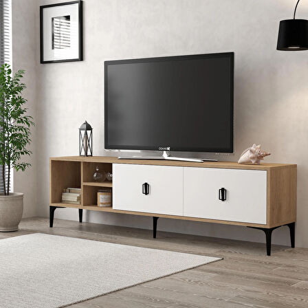 3804 Era Tv Ünitesi 180 Cm 2 Kapaklı , Raflı , Sepet - Beyaz Tv Sehpası