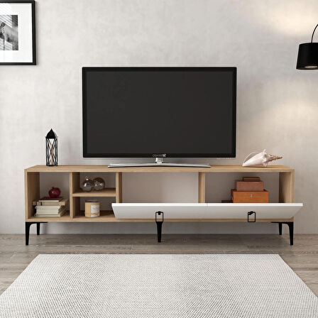 3804 Era Tv Ünitesi 180 Cm 2 Kapaklı , Raflı , Sepet - Beyaz Tv Sehpası