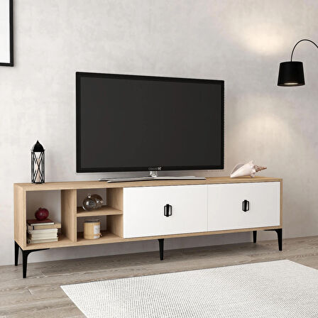 3804 Era Tv Ünitesi 180 Cm 2 Kapaklı , Raflı , Sepet - Beyaz Tv Sehpası