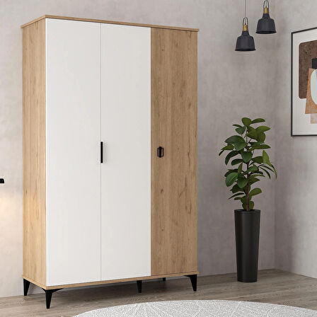 6303 Neva 3 Kapılı 200 Cm Gizli Çekmeceli Gardırop , Elbise Dolabı , Genç Odası Beyaz Sepet