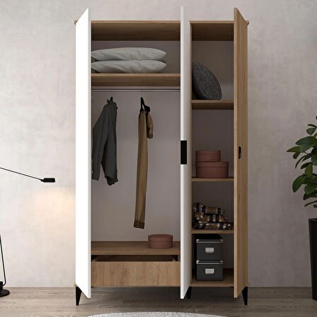 6303 Neva 3 Kapılı 200 Cm Gizli Çekmeceli Gardırop , Elbise Dolabı , Genç Odası Beyaz Sepet