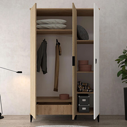 6304 Neva 3 Kapılı 200 Cm Gizli Çekmeceli Gardırop , Elbise Dolabı , Genç Odası Yunus - Beyaz