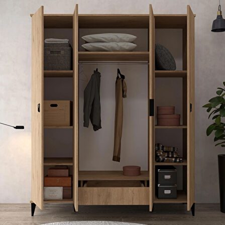 6401 Neva 4 Kapılı 200 Cm Gizli Çekmeceli Gardırop , Elbise Dolabı , Genç Odası Sepet