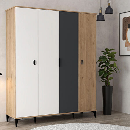 6402 Neva 4 Kapılı 200 Cm Gizli Çekmeceli Gardırop , Elbise Dolabı , Genç Odası Antrasit - Beyaz