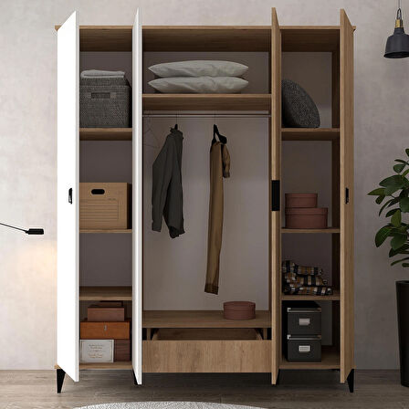 6403 Neva 4 Kapılı 200 Cm Gizli Çekmeceli Gardırop , Elbise Dolabı , Genç Odası Beyaz - Sepet