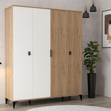 6403 Neva 4 Kapılı 200 Cm Gizli Çekmeceli Gardırop , Elbise Dolabı , Genç Odası Beyaz - Sepet