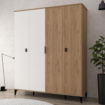 6403 Neva 4 Kapılı 200 Cm Gizli Çekmeceli Gardırop , Elbise Dolabı , Genç Odası Beyaz - Sepet