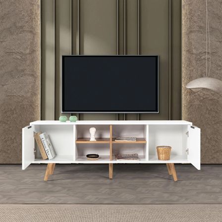 3618 Sina 160 Cm ( AHŞAP AYAKLI , METAL KULPLU ) TV Ünitesi , Beyaz - Söğüt