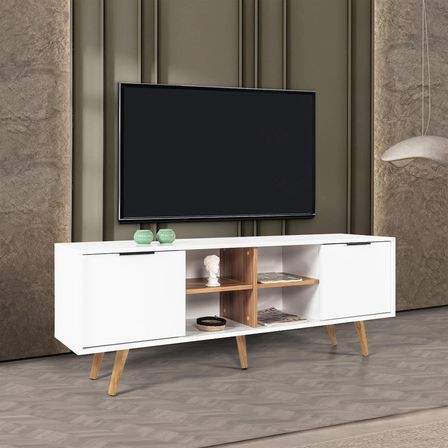 3618 Sina 160 Cm ( AHŞAP AYAKLI , METAL KULPLU ) TV Ünitesi , Beyaz - Söğüt