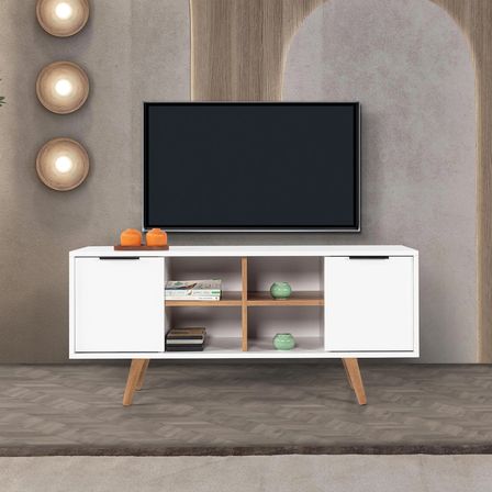 3318 Sina 130 Cm ( AHŞAP AYAKLI , METAL KULPLU ) TV Ünitesi , Beyaz - Söğüt , Tv Sehpası , Salon