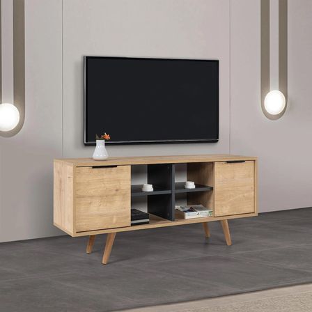 3319 Sina 130 Cm ( AHŞAP AYAKLI , METAL KULPLU ) TV Ünitesi , Safir - Antrasit , Tv Sehpası , Salon