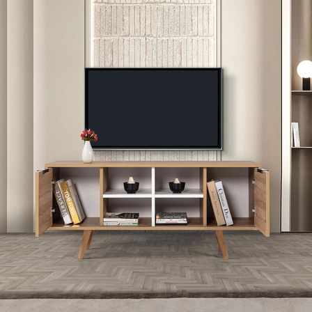 3321 Sina 130 Cm ( AHŞAP AYAKLI , METAL KULPLU ) TV Ünitesi , Sepet - Beyaz , Tv Sehpası , Salon