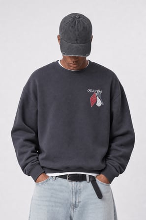 Erkek Members Only Baskılı Oversize Sweatshirt Füme