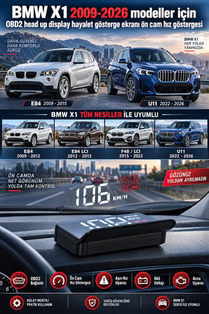 BMW X1 2009-2026 modeller için OBD2 head up display hayalet gösterge ekranı ön cam hız göstergesi