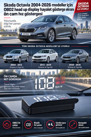 Skoda Octavia 2004-2026 modeller için OBD2 head up display hayalet gösterge ekranı ön cam hız göstergesi