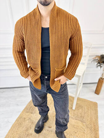 Hırka Kalın Örgü Şal Yaka Cepli Panço Triko Hırka