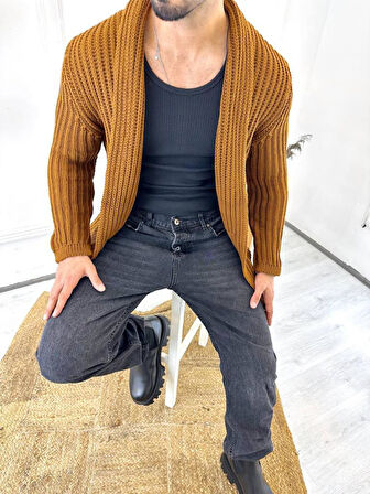 Hırka Kalın Örgü Şal Yaka Cepli Panço Triko Hırka