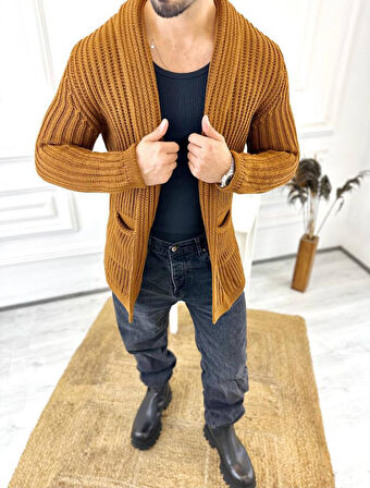 Hırka Kalın Örgü Şal Yaka Cepli Panço Triko Hırka