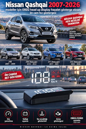 Nissan Qashqai 2007-2026 modeller için OBD2 head up display hayalet gösterge ekranı ön cam hız göstergesi