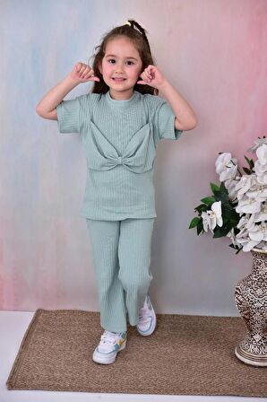 Kız Çocuk Fiyonk Detaylı Düz Renk Alt Üst Takım