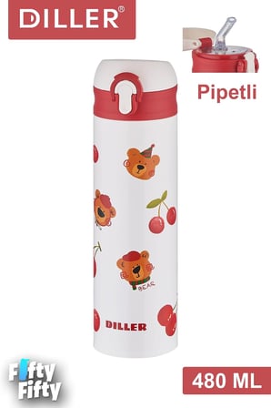 DILLER 480 ML Pipetli Paslanmaz Çelik Termos Vacum Cup Kilitli Kapak -FFDILLERD9228