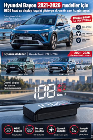 Hyundai Bayon 2021-2026 modeller için OBD2 head up display hayalet gösterge ekranı ön cam hız göstergesi