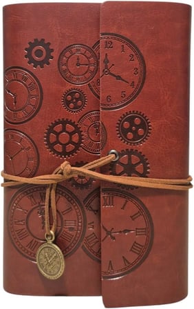 Retro Vintage Saat ve Çark Baskılı Saat Kolye Uçlu Deri Kapaklı Günlük Not Defteri Zamanın Kıymetini Bilenlere Özel Tasarım Hediyelik Koyu Kahve