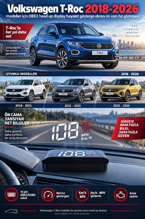Volkswagen T-Roc 2018-2026 modeller için OBD2 head up display hayalet gösterge ekranı ön cam hız göstergesi