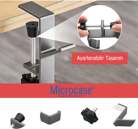Ayarlanabilir Çift Başlı Masaya Monte Metal Taşıyıcı Çanta Kulaklık Poşet Eşya vb. Tutucu-AL4788 Gri