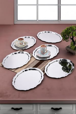 Artnova İşleme Desenli Kahve Ve Sunum Tepsisi 6 Adet (Gümüş)