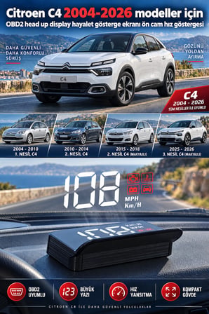 Citroen C4 2004-2026 modeller için OBD2 head up display hayalet gösterge ekranı ön cam hız göstergesi