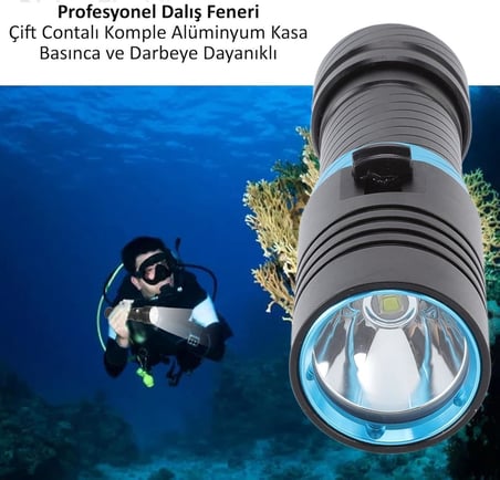 Profesyonel Şarjlı Su Altı Dalış Feneri Metal Kasa Yüksek Aydınlatma Su Geçirmez 2000mAh Kutulu