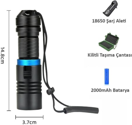 Profesyonel Şarjlı Su Altı Dalış Feneri Metal Kasa Yüksek Aydınlatma Su Geçirmez 2000mAh Kutulu