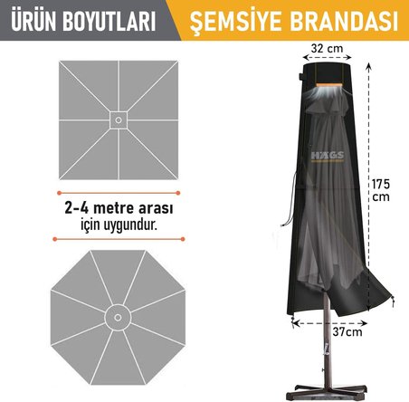 Bahçe Şemsiye Kılıfı, Veranda Parasol Konsol Şemsiyesi Brandası, Koruma Örtüsü, Su Geçirmez, Hava Koşullarına Dayanıklı Bahçe Gölgelik Güneşlik Örtüsü (175 x 32/37 cm) Siyah