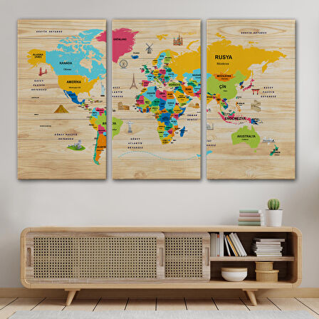 Harita Sepeti Ahşap Görünümlü Türkçe Dünya Haritası Dekoratif Kanvas Tablo 2096