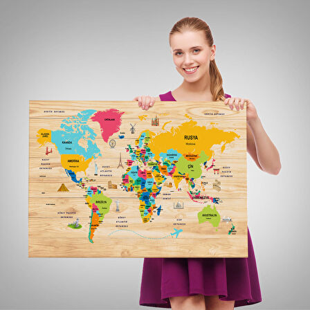 Harita Sepeti Ahşap Görünümlü Türkçe Dünya Haritası Dekoratif Kanvas Tablo 2096