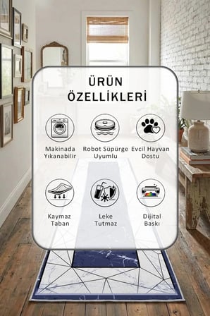 Alvin Mermer Lacivert Modern Dijital Baskı Yıkanabilir Kaymaz Yolluk Halı Lacivert